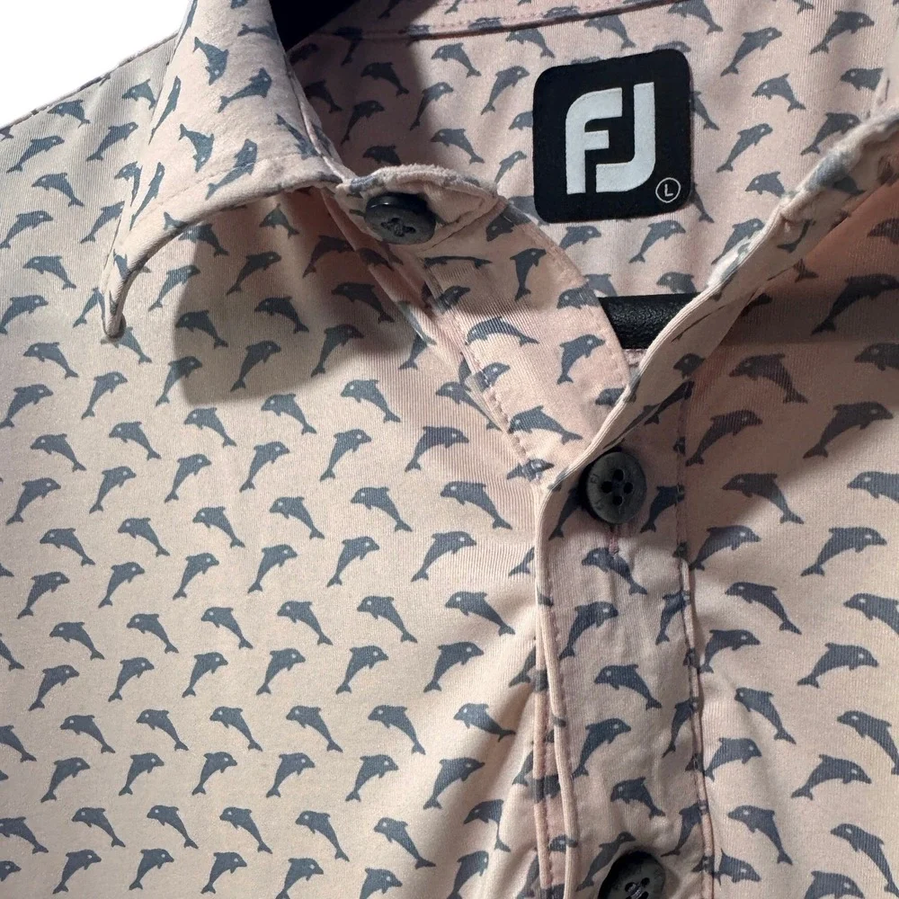FootJoy Mens Dolphin Print Performance Golf Polo Shirt Peach Pink Size Large FJ - Picture 2 of 3
